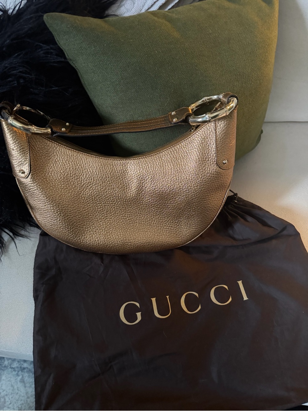 Gucci Metallic Bronze Pebbled Leather Shoulder Bag